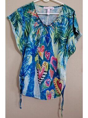 Leoma Lovegrove Women's L Ruffle Cap Sleeve Multicolor Embellished Top